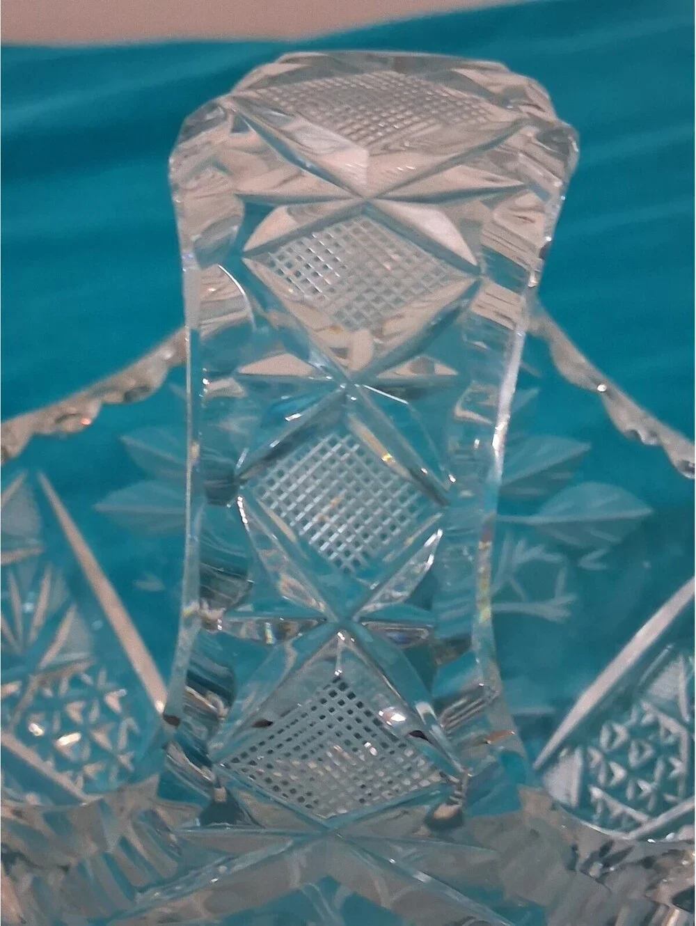 Vintage Cut Glass Crystal Basket with Floral Etching